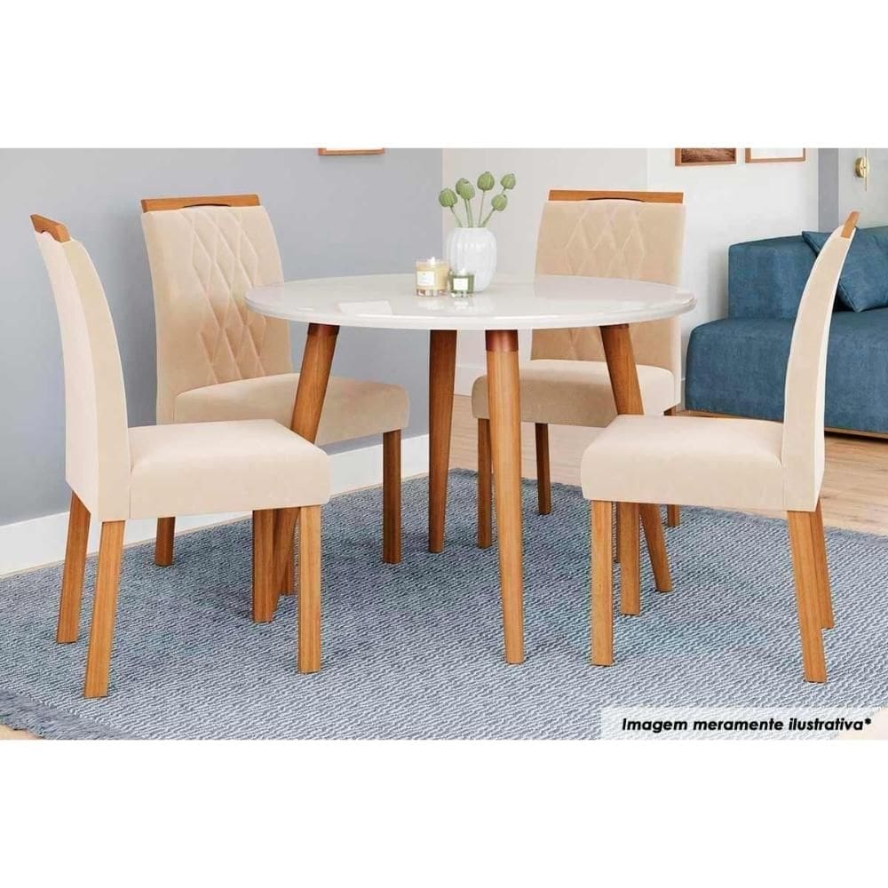 Sala de Jantar Completa Dani Madeira Maciça c/ Tampo Madeirado c/ Vidro 110cm e 4 Cadeiras Juliana Nature-Madeirado/Suede Nude Bege - Cimol