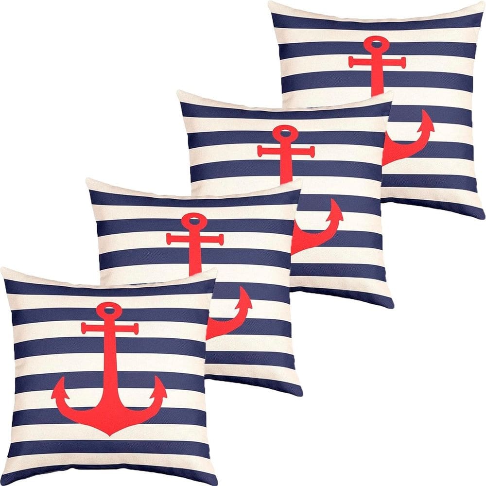 Kit 4 Capas De Almofadas Vermelho Âncora Navegação Marítima