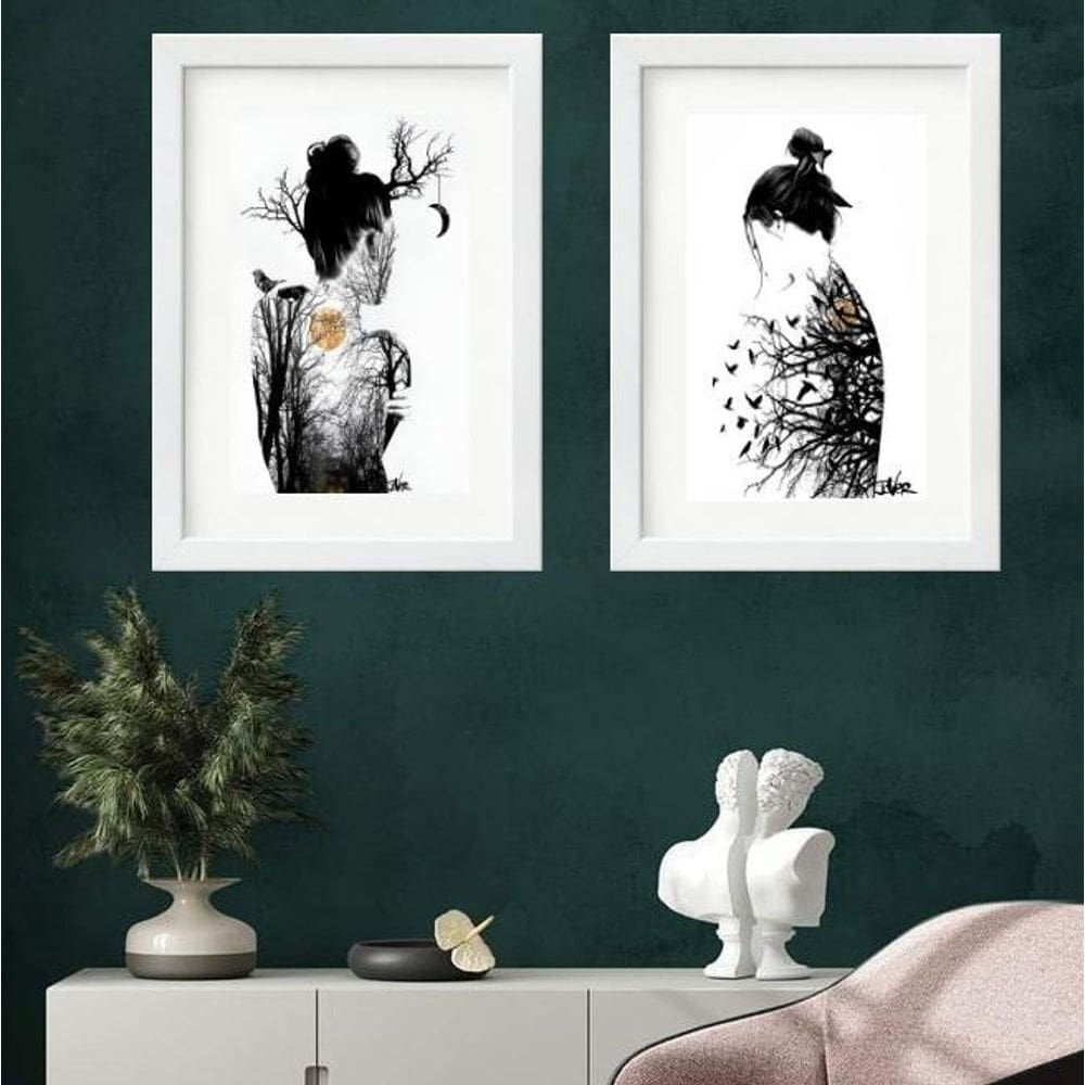 Kit 2 Quadros Mulher Árvore Lua - 60X48Cm