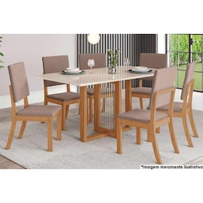 Sala de Jantar Completa Natalí c/ Tampo Madeirado Reto s/ Vidro 160x90cm e 6 Cadeiras Milla Nature/Veludo Light Marrom Amêndoa - Henn