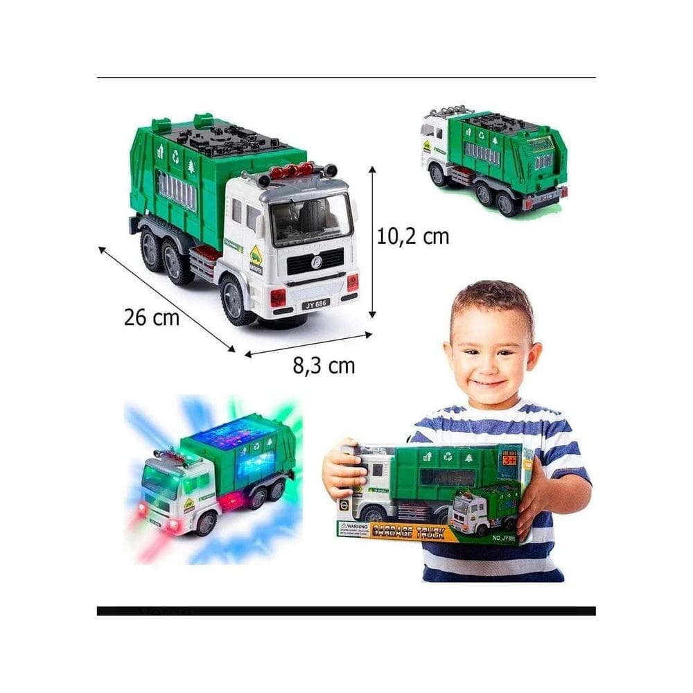 Caminhão de coleta de lixo de brinquedo com luzes e efeitos sonoros 4D