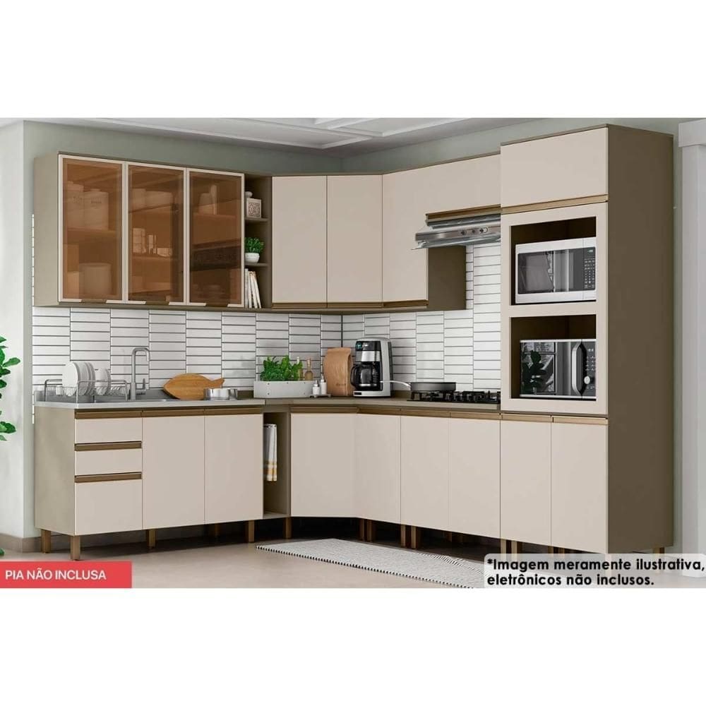 Cozinha Completa Connect 15 Peças (5 Armários + 1 Paneleiro + 5 Balcões + 4 Complementos) C6P14 Duna/Cristal - Henn
