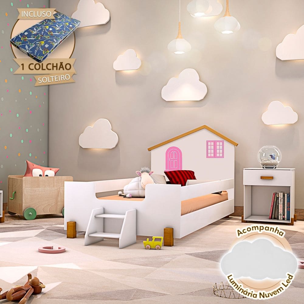 Cama Infantil Solteiro Belissima Rosa - Branca E Amêndoa + Luminária Led + Colchão