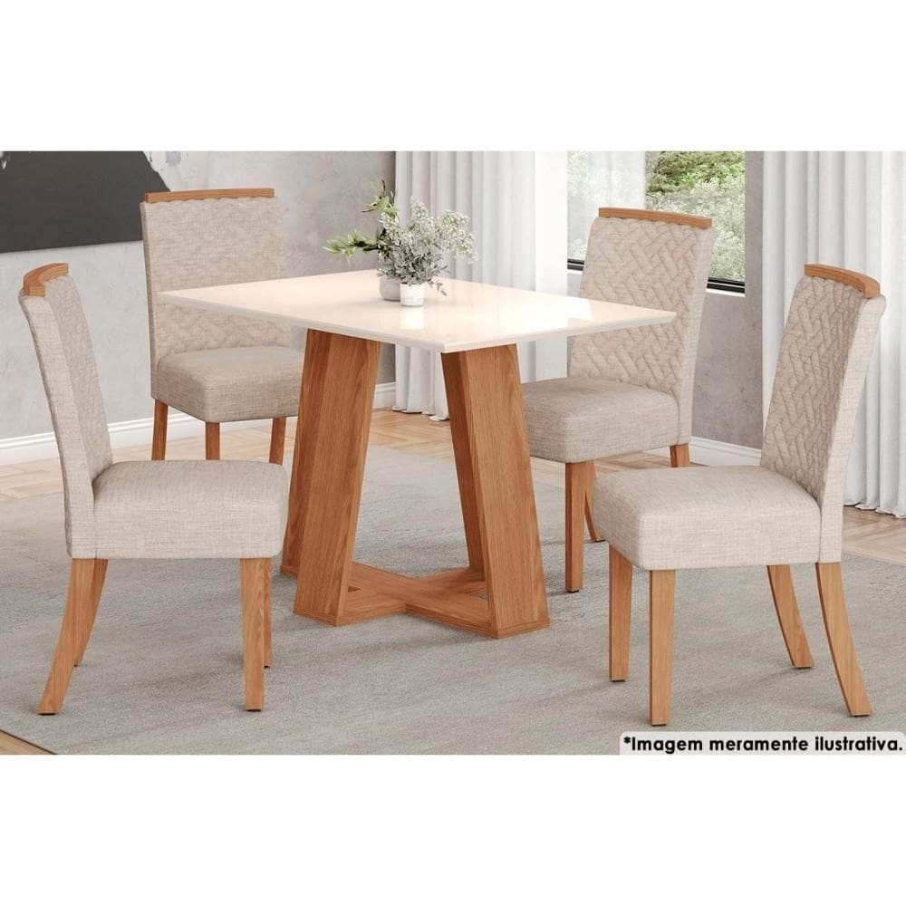 Sala de Jantar Completa Lins Tampo Reto Madeirado 120x80cm e 4 Cadeiras Malu Nature/Veludo Light Linho - Henn