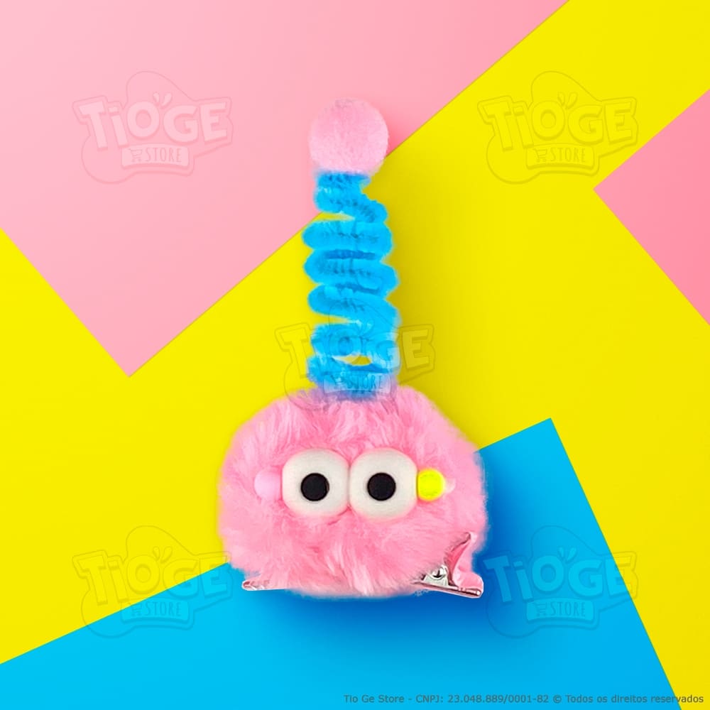 Monstrinho Bolinha de Pelúcia Antena Espiral Presilha Cabelo Maluco Bichinho Olhos Grandes Fofo Engraçado Rosa Azul