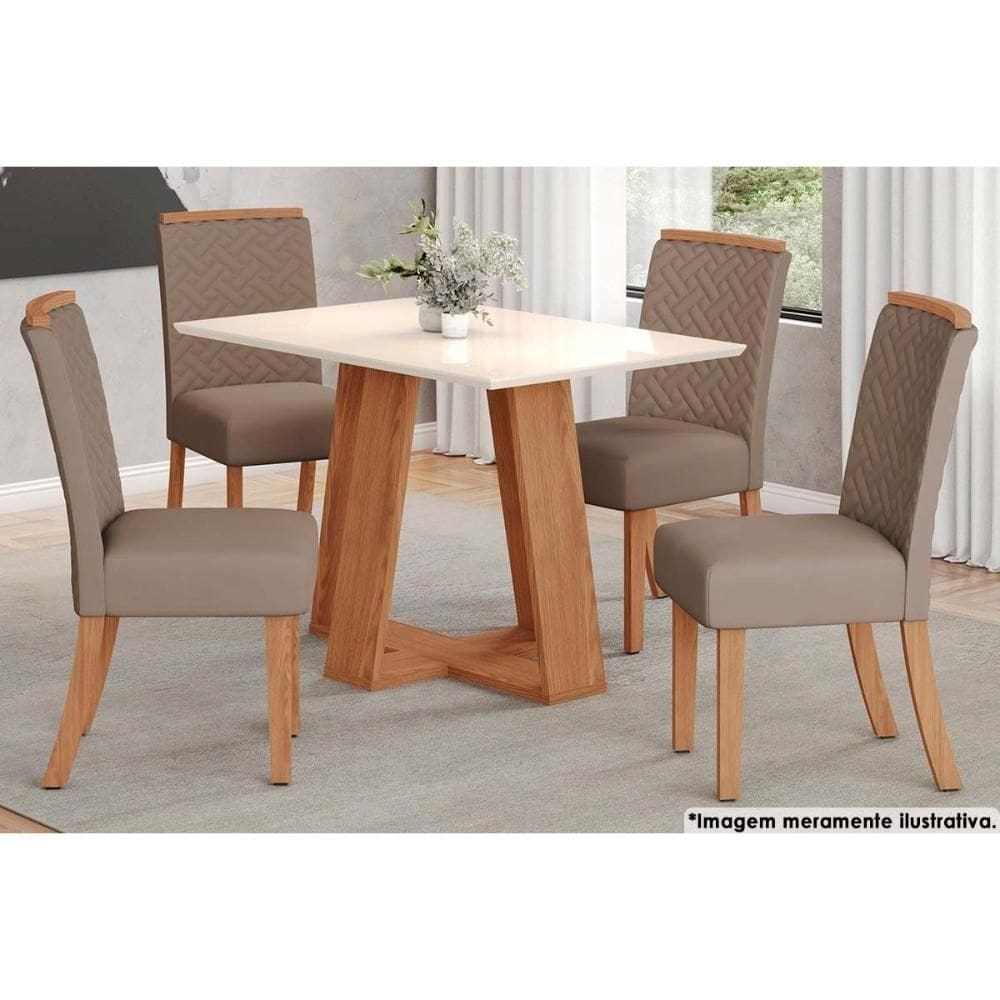 Sala de Jantar Completa Lins Tampo Reto Madeirado 120x80cm e 4 Cadeiras Malu Nature/Marrom Amêndoa - Henn