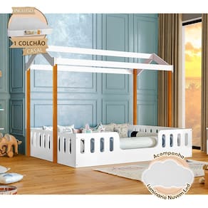 Cama Infantil Com Colchão Casal Casinha Segura Montessoriana Ágatha Branco/Castanho Claro + Luminária
