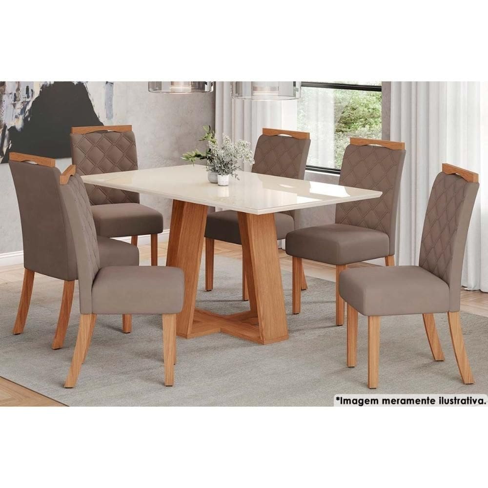 Sala de Jantar Completa Lins c/ Tampo Madeirado c/ Vidro 160x90cm e 6 Cadeiras Bella Nature/Marrom Amêndoa - Henn