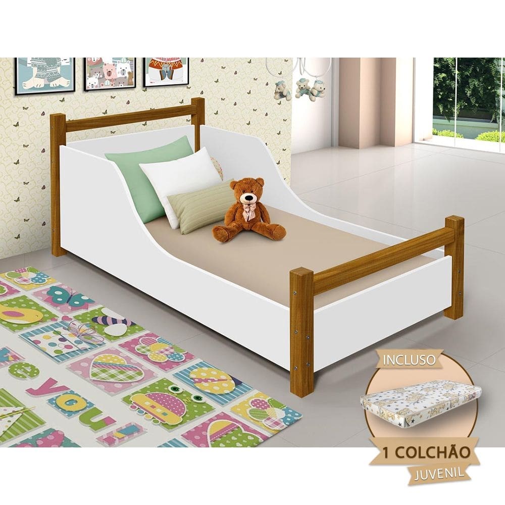 Cama Luna Infantil Juvenil Com Colchão - Branca E Castanho Claro