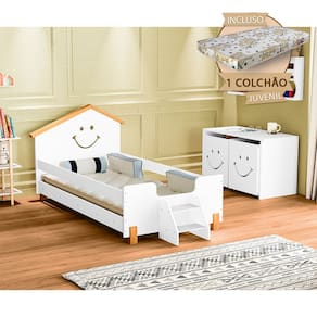 Cama De Criança Com Colchão Juvenil Smile Alegra - Branca E Castanho Claro