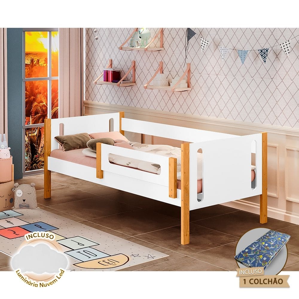 Cama Infantil Com Colchão Mirela Com Grade De Proteção Branco/Castanho Claro + Luminária Led