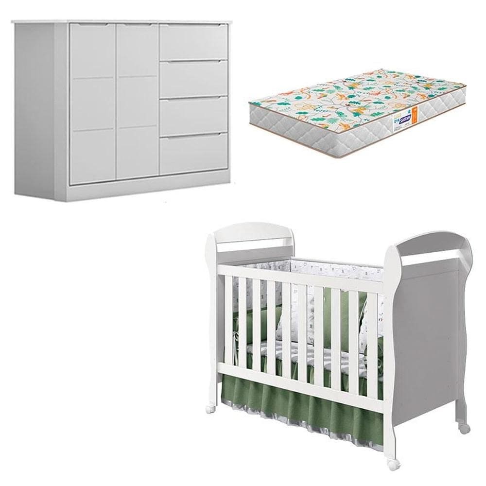 Berço Americano Danny e Cômoda Infantil Eloá Branco Acetinado com Colchão Gazin – Phoenix Baby