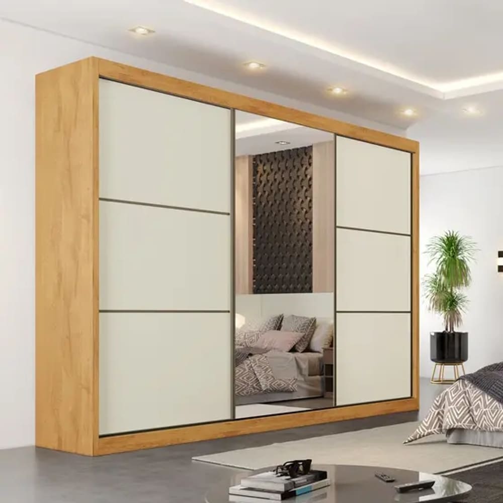 Guarda Roupa Casal 6 Gavetas com Espelho - Bragança-Peroba/Off White - Móveis Europa