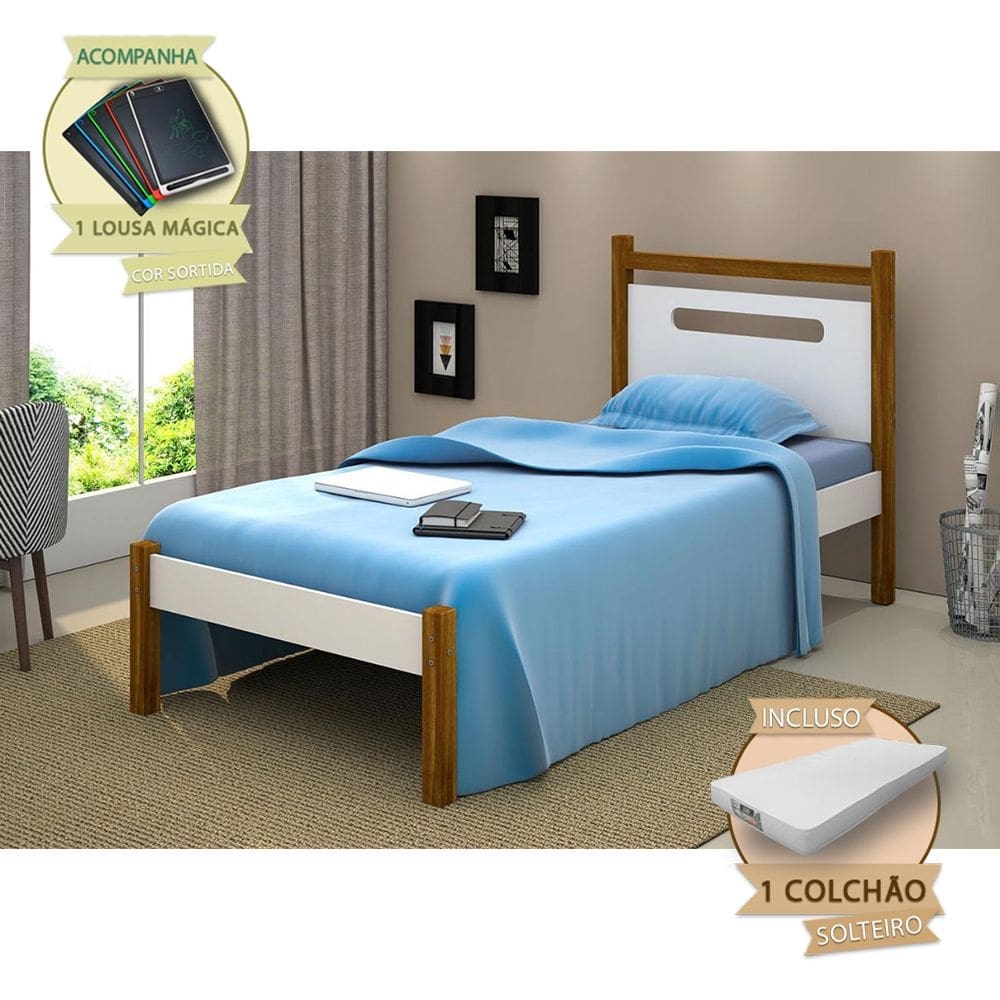 Cama De Solteiro Montessoriana Eloa Acompanha Colchão - Branca E Castanho Claro Incluso Lousa Mágica