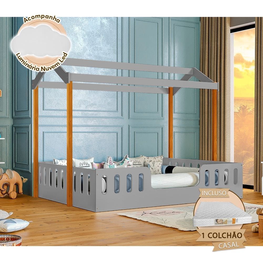 Cama Casal Casinha Montessoriana Ágatha Com Colchão Cinza/Castanho Claro Incluso Luminária
