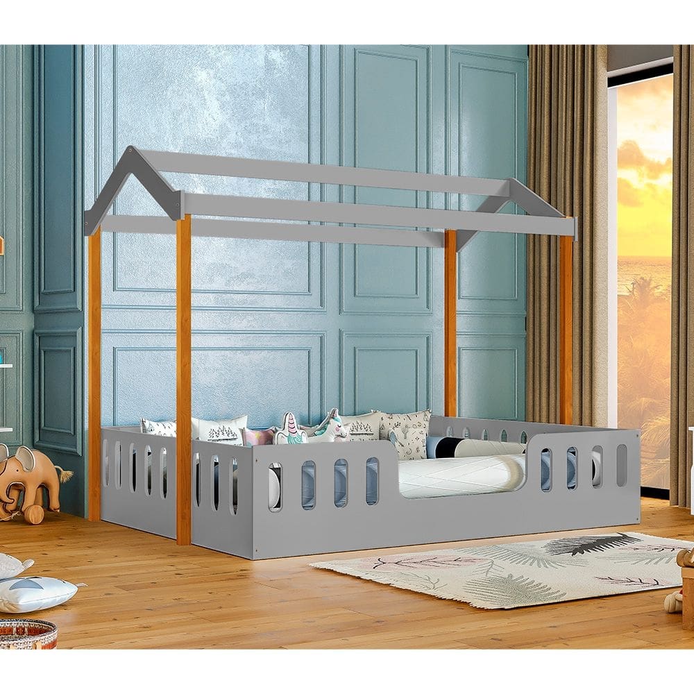 Cama Para Criança Ágatha Casal Infantil Casinha Segura Montessoriana Cinza/Castanho Claro