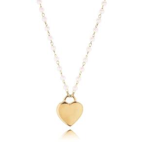 Colar Feminino Pérolas Brancas com Pingente Coração Banhado em Ouro 18k