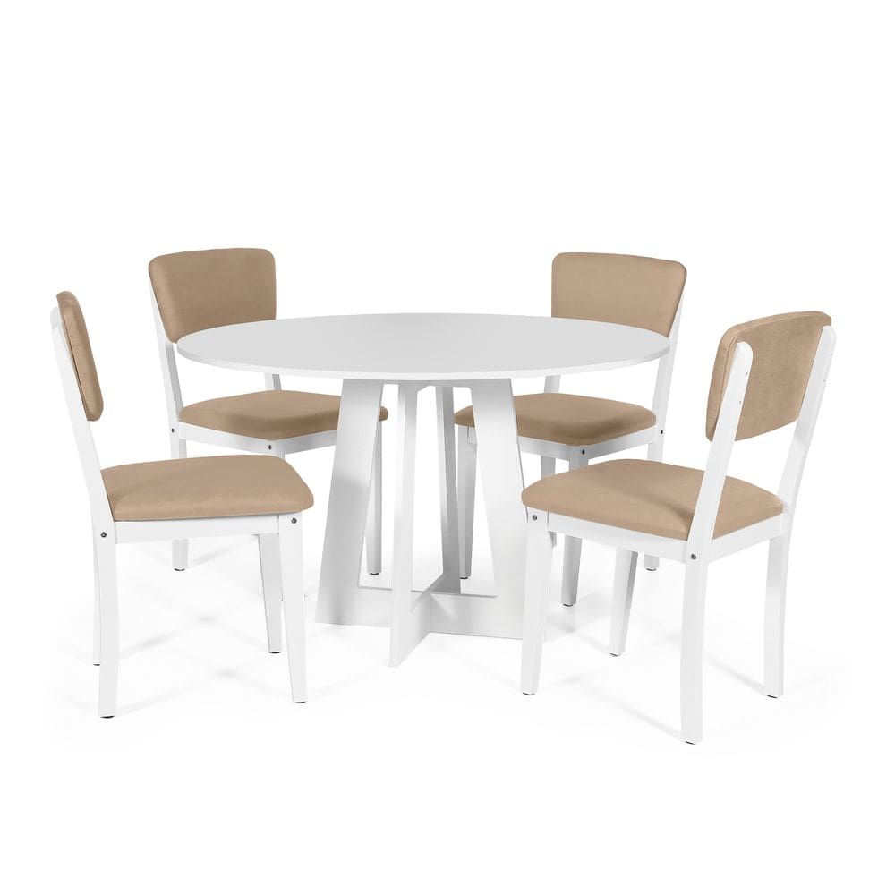 Mesa de Jantar Redonda Montreal Branca com 4 Cadeiras Estofadas Ella Branco/Bege