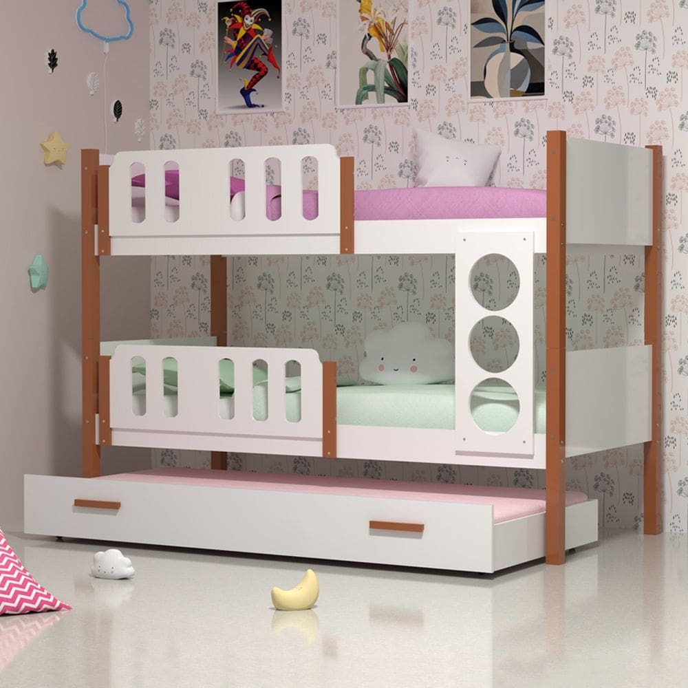 Beliche Infantil Solteiro Ônix Com Cama Auxiliar - Branco Castanho Claro - Divaloto Móveis