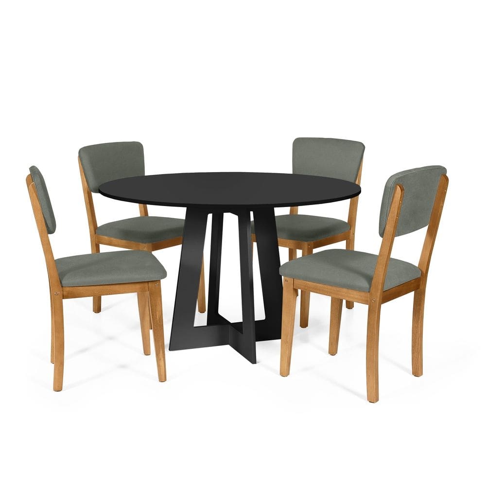 Mesa de Jantar Redonda Montreal Preta com 4 Cadeiras Estofadas Ella Cinza