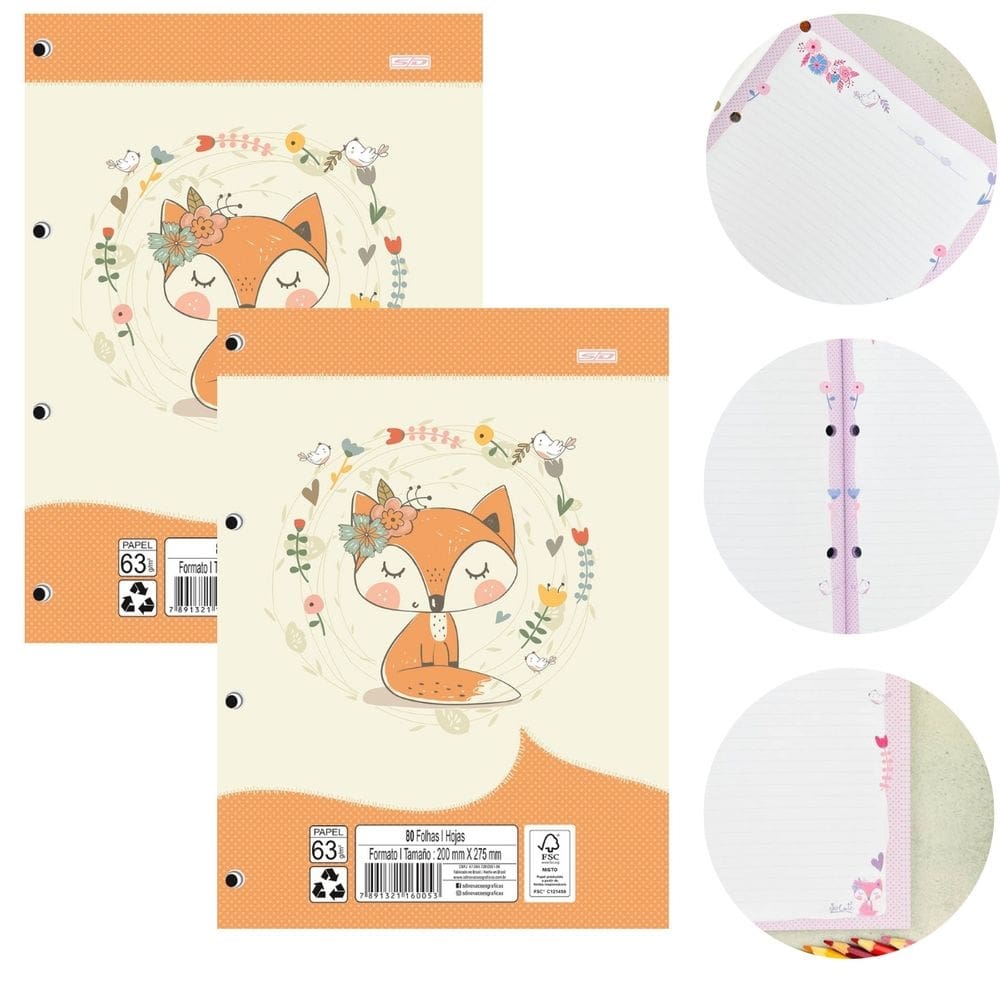 Kit 02 Blocos de Folhas de Fichário Caderno Argolado So Cute 80 Folhas Decoradas São Domingos