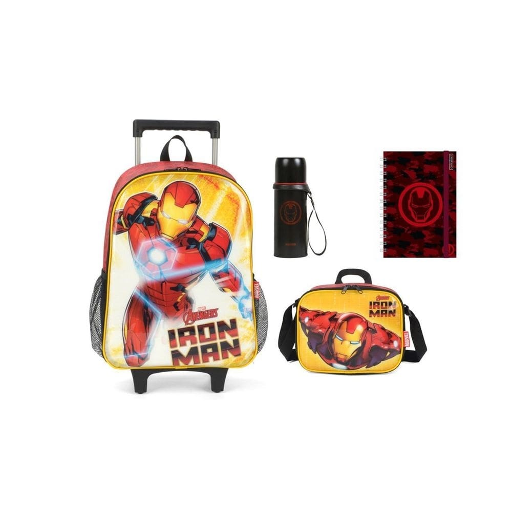 Kit iron man avengers mochila rodinha + lancheira + garrafa