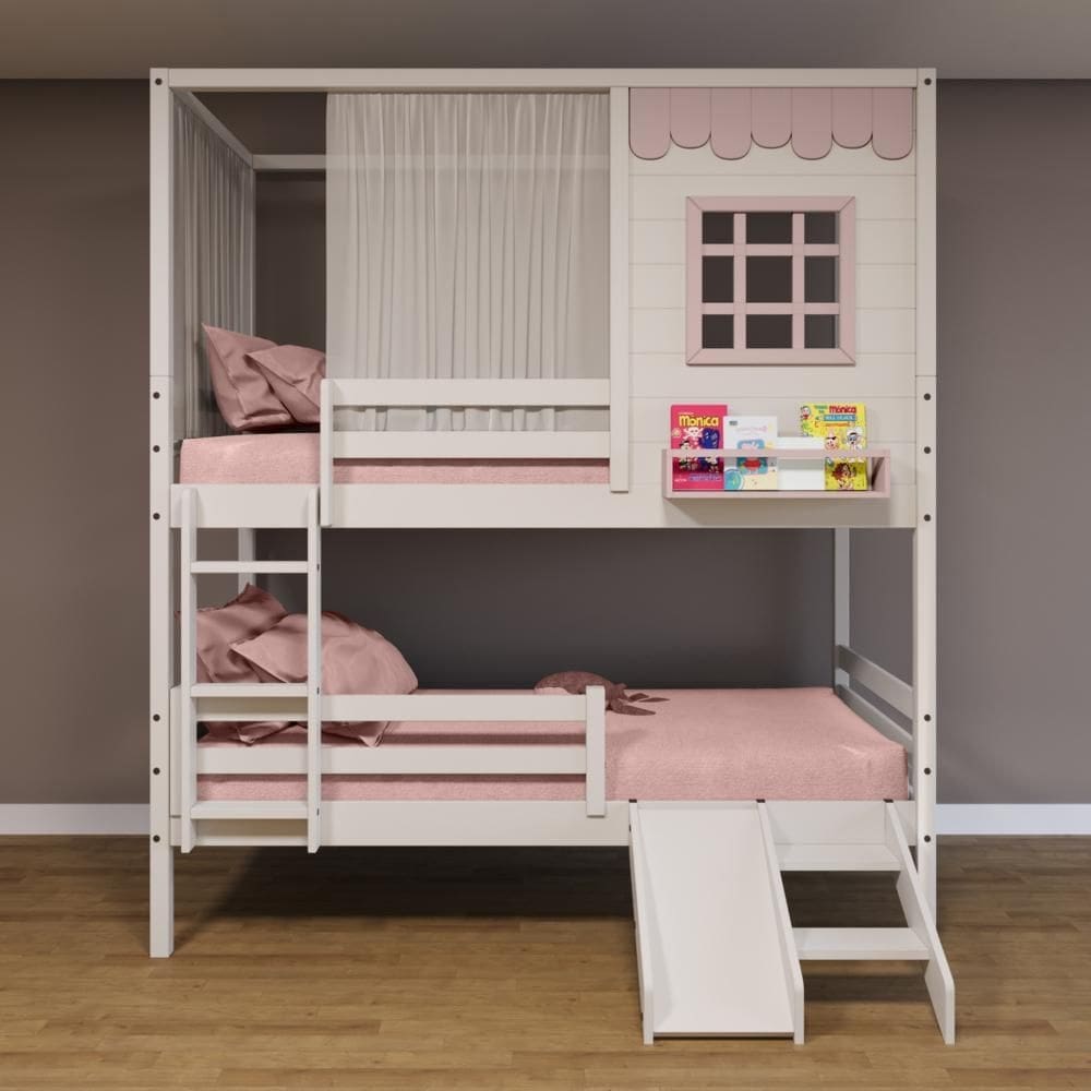 Beliche Casinha Reta com Grade Removível Escorregador e Cortina Madeira Maciça Branco/ Rosa Housin