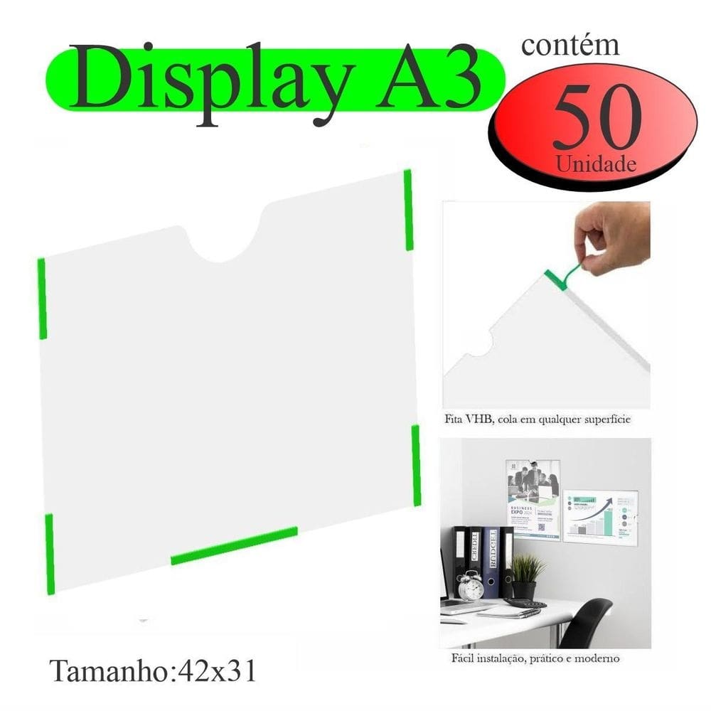 50 Display A3 Expositor Folhas Quadro Aviso Parede Pet Horiz