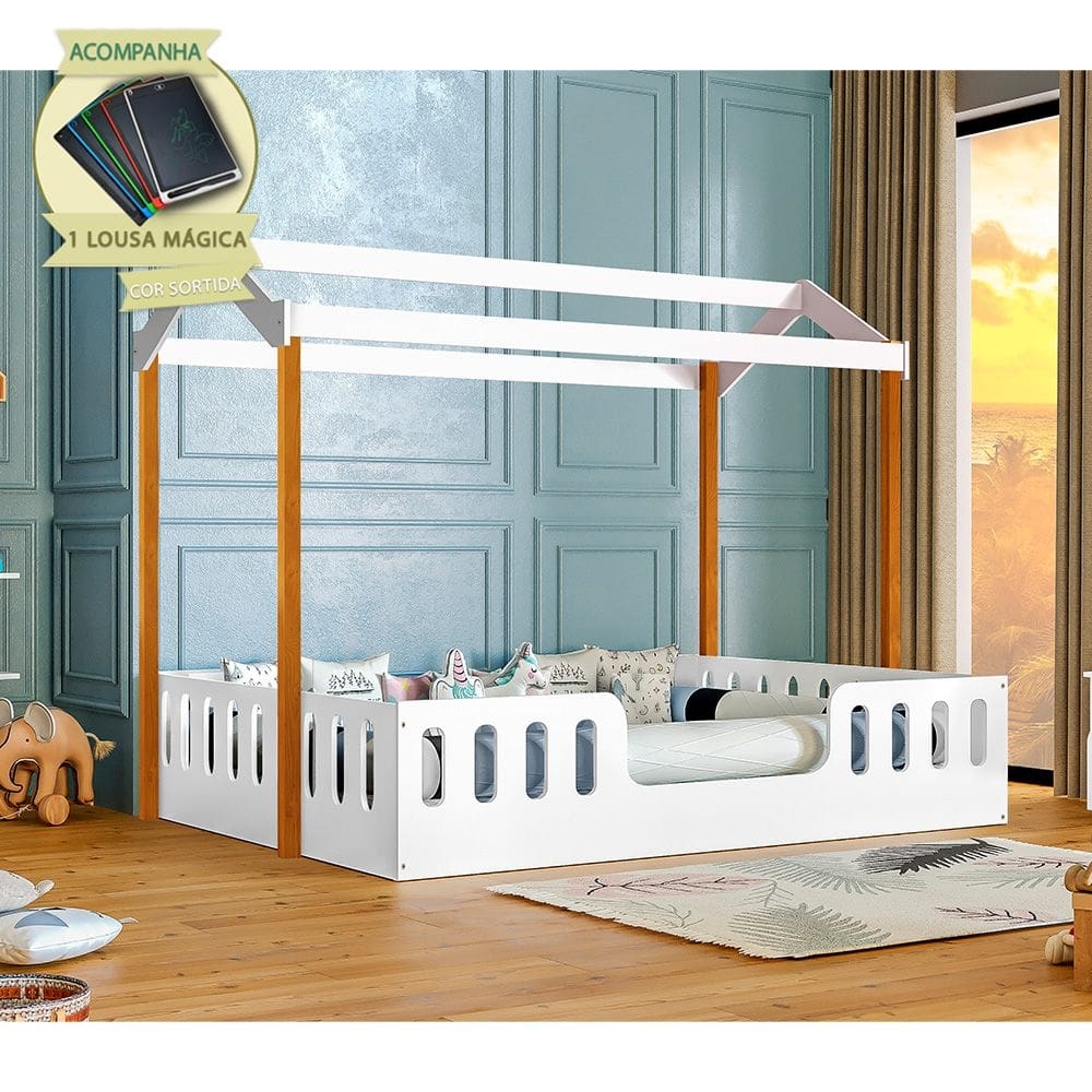 Cama Casal Casinha E Segura Montessoriana Agatha Branco/Castanho Claro Incluso Lousa Mágica