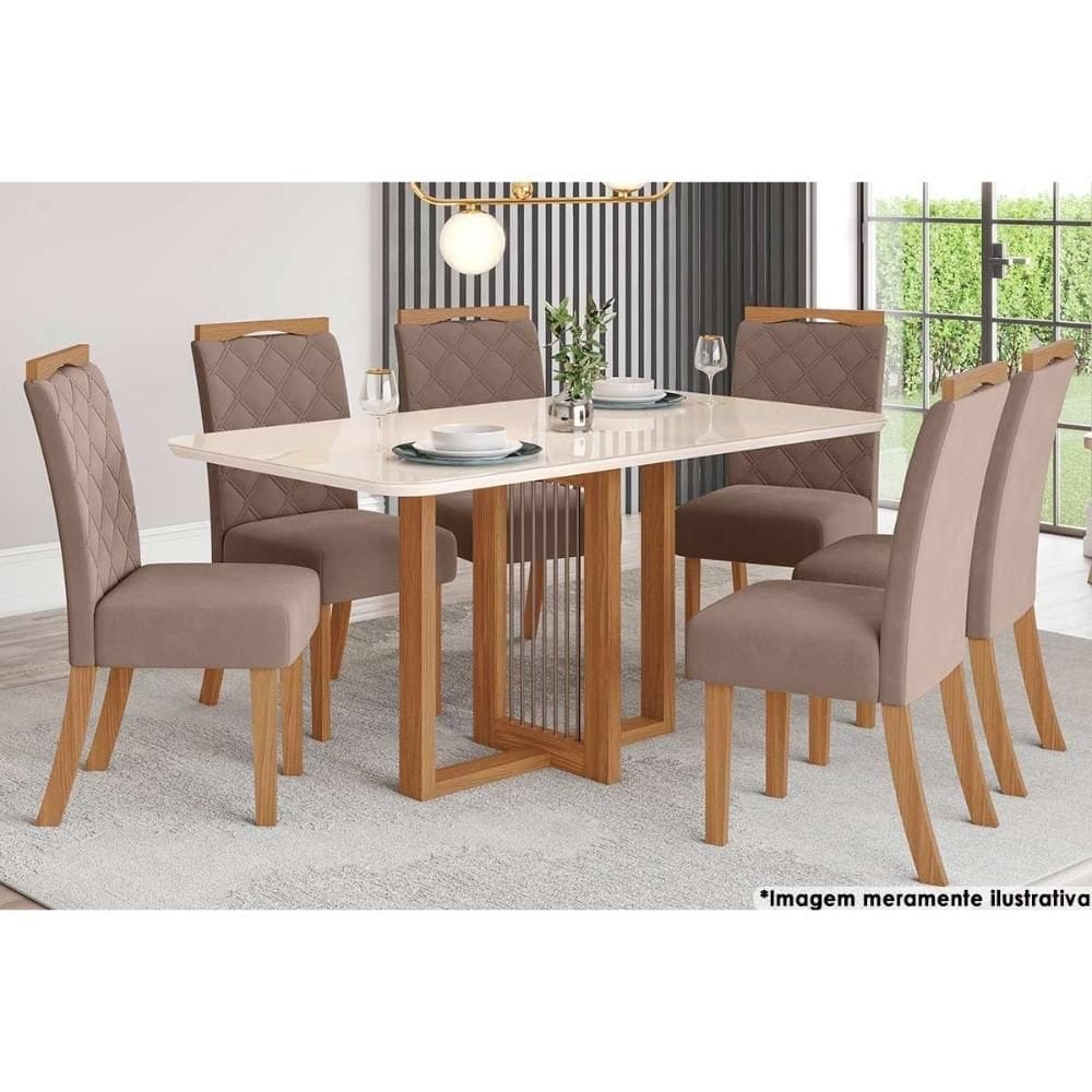Sala de Jantar Completa Natali c/ Tampo Madeirado c/ Vidro Curvo 160x90cm e 6 Cadeiras Bella Nature/Marrom Amêndoa - Henn
