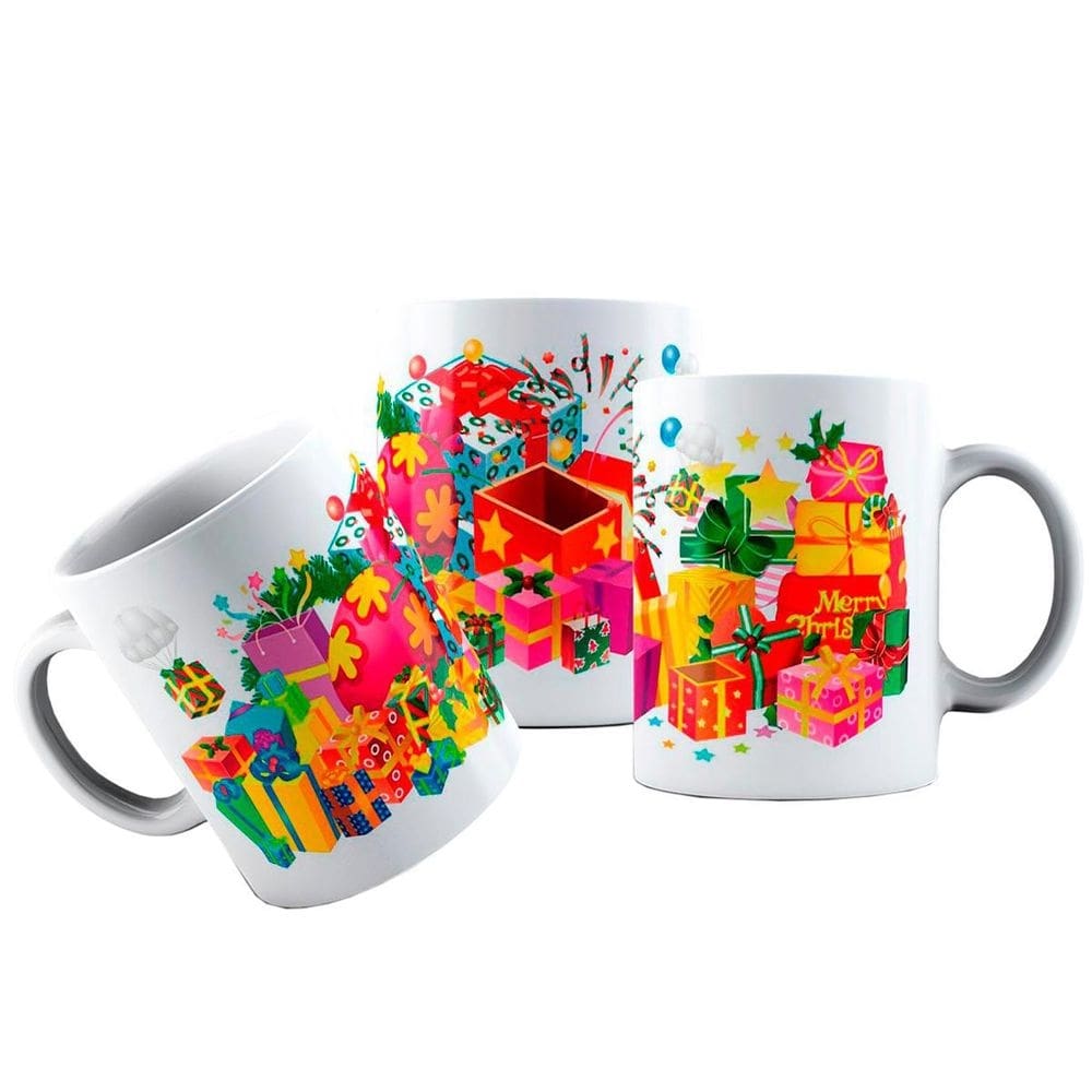 Caneca cerâmica muitos presentes de natal alegria felicidade