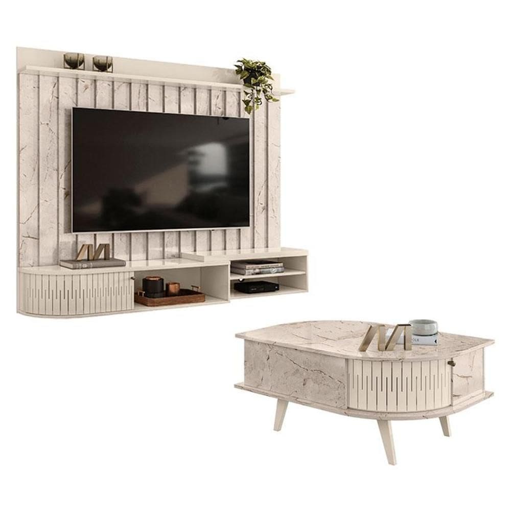 Estante Home Theater Suspenso Ímola com Mesa de Centro Indianápolis Calacata Off White – Madetec