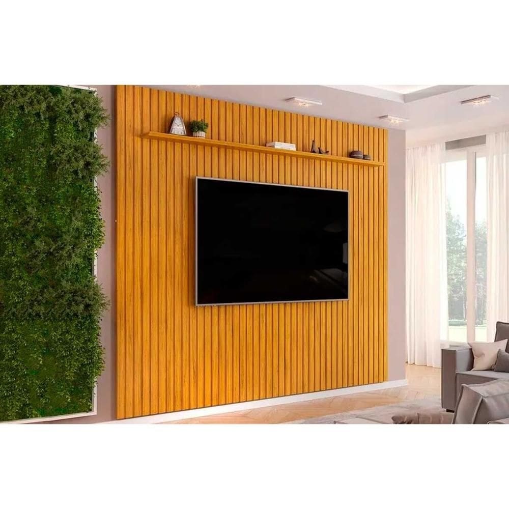 Painel Home p/TV até 85 Polegadas Pratic Ripado c/ Prateleira 275x240cm Cedro - DJ Móveis