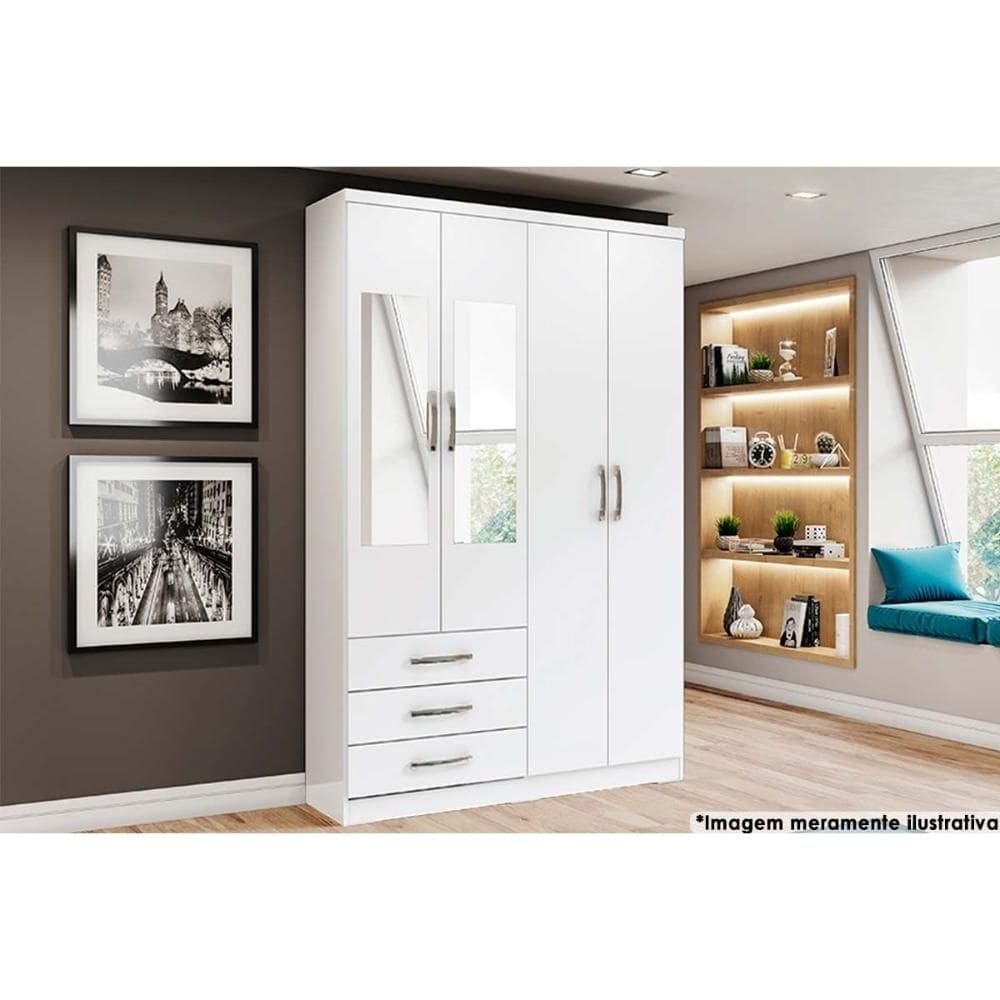 Guarda Roupa Solteiro 4 portas e 3 Gavetas c/ Espelho Caju DA135 Branco - Henn