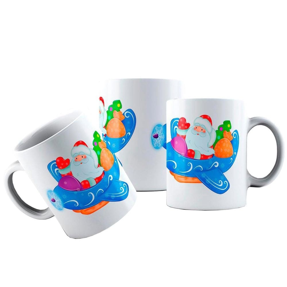 Caneca cerâmica papai noel fofinho em avião infantil natal
