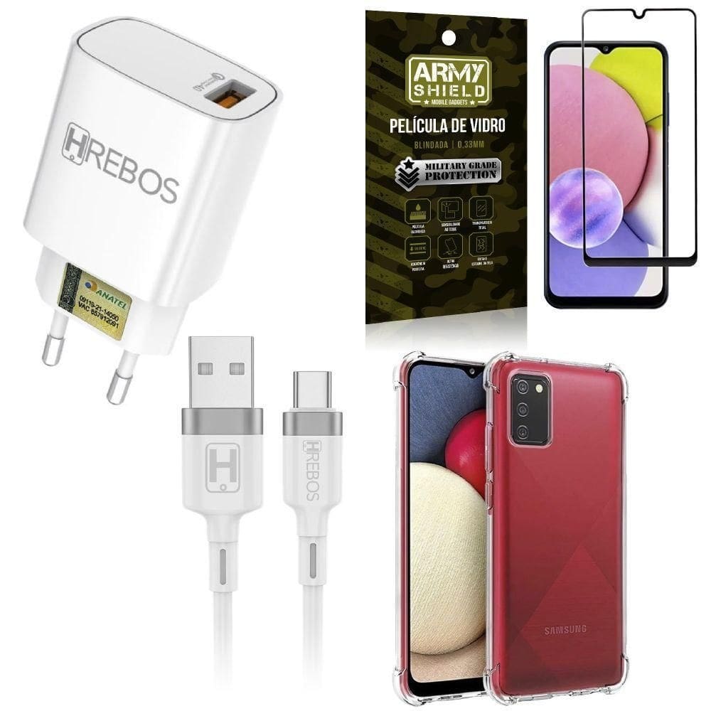 Capinha samsung a03s + carregador turbo hs183 + película 3d