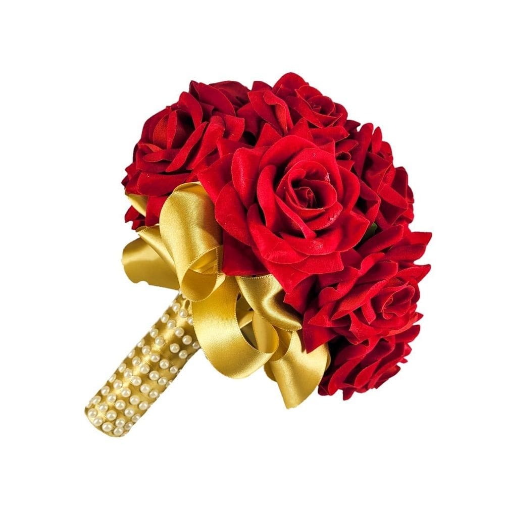 Buquê de noiva rosas vermelhas cetim dourado com perolas