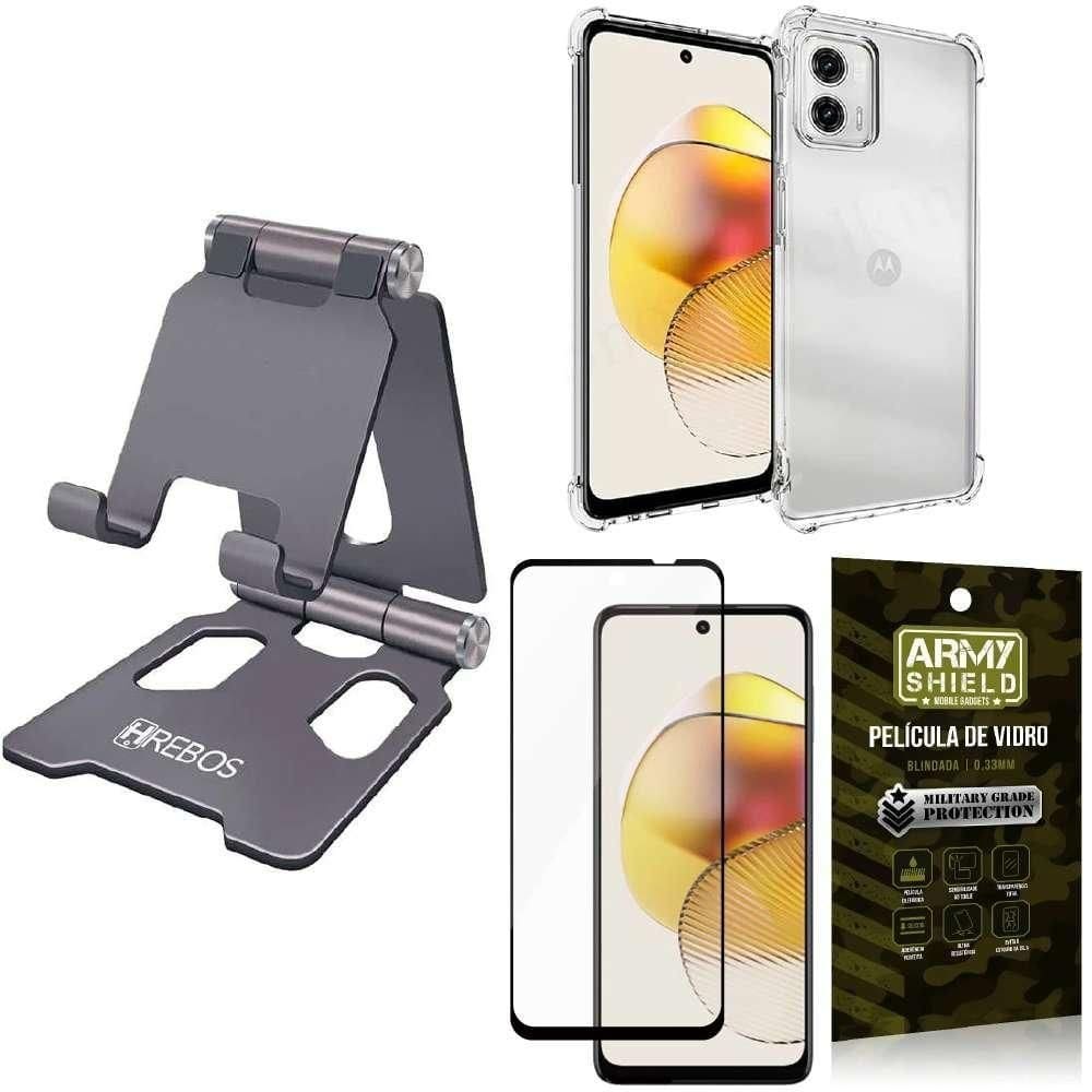 Kit suporte hrebos p/ smartphone - capinha antishock e película vidro 3d - cinza