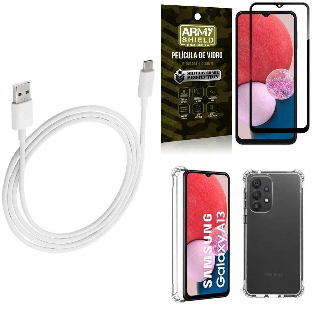 Kit capinha samsung a13 4g + cabo usb tipo c 2m +película 3d