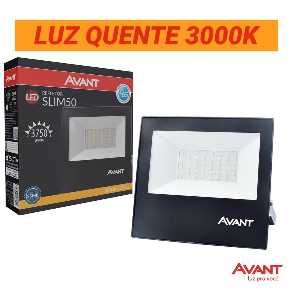 Refletor led avant slim 50w luz quente 3000k bivolt