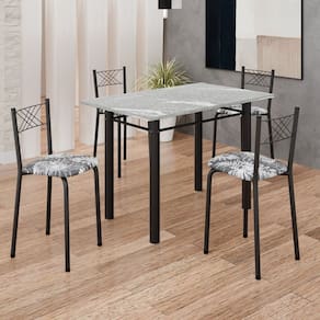 Conjunto Sala de Jantar Mesa Retangular 100x60cm Tampo Granito Topázio 4 Banquetas Maragogi Yescasa Preto Floral/ Preto Fosco