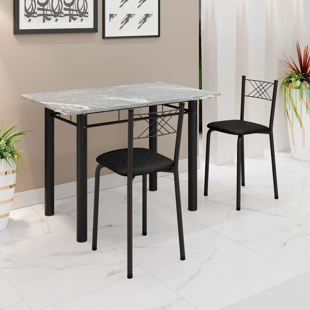 Conjunto Sala de Jantar Mesa Retangular 100x60cm Tampo Granito Topázio 2 Banquetas Maragogi Yescasa Preto Liso / Preto Fosco