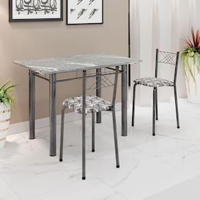 Conjunto Sala de Jantar Mesa Retangular 100x60cm Tampo Granito Topázio 2 Banquetas Maragogi Yescasa Mosaico Branco Preto/ Mart Prata