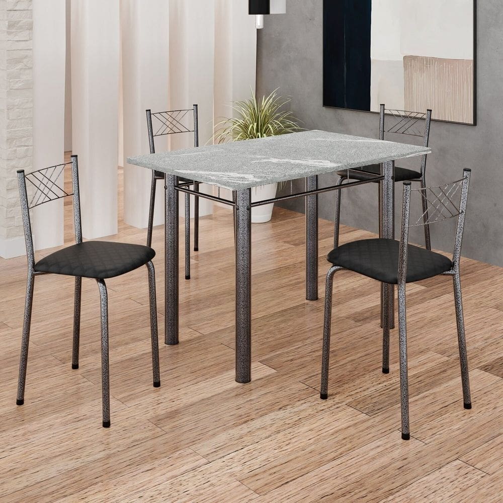 Conjunto Sala de Jantar Mesa Retangular 100x60cm Tampo Granito Topázio 4 Banquetas Maragogi Yescasa Preto Liso / Mart Prata