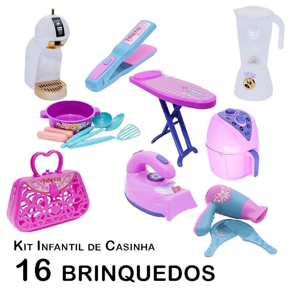 Kit casinha infantil cafeteira ferro tábua secador 16pç