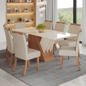 Conjunto Sala de Jantar 200 Cm Canto Reto com Vidro 8 Cadeiras Nicole Espresso Móveis Marrom/Off White
