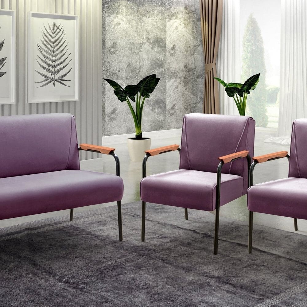 Conjunto com 2 Poltronas e Namoradeira Decorativa Jade Sala de Estar Roxo