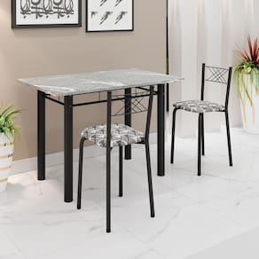 Conjunto Sala de Jantar Mesa Retangular 100x60cm Tampo Granito Topázio 2 Banquetas Maragogi Yescasa Mosaico Branco Preto/ Preto Fosco