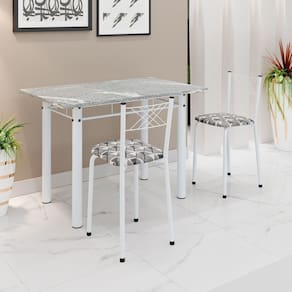 Conjunto Sala de Jantar Mesa Retangular 100x60cm Tampo Granito Topázio 2 Banquetas Maragogi Yescasa Mosaico Branco Preto/ Branco