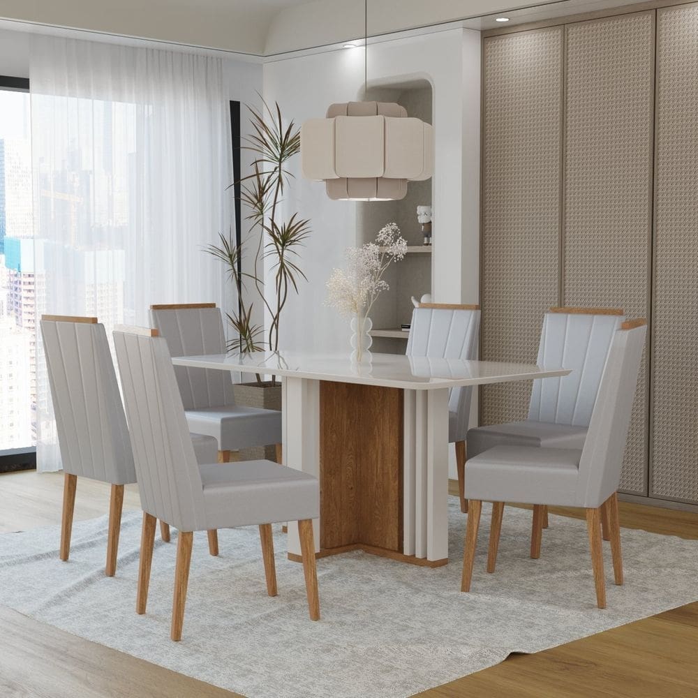 Conjunto Sala de Jantar Tampo de Vidro 6 Cadeiras Madeira Maciça Eucalipto Londres Yescasa Inovata/Oliva Bege Claro
